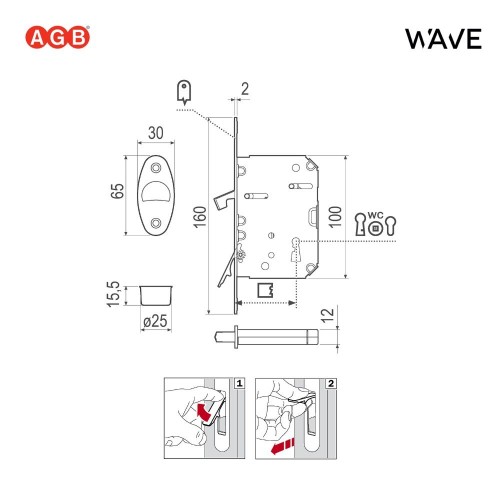 Ручки AGB WAVE для раздвижных дверей купе (С ЗАМКОМ) под цилиндр CYL/B30003.01.FM+B08982.50.FM (белый)