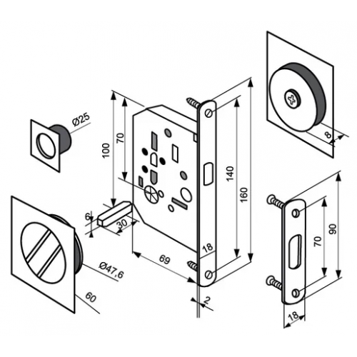 Комплект c замком Morelli MHS-2 WC для раздвижных дверей SC матовый хром