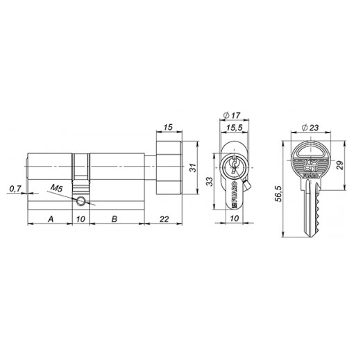 Цилиндровый Fuaro (Фуаро) механизм (100 ZM/70) 1000ZMKnob70(30+10+30) AB бронза 5Key с вертушкой