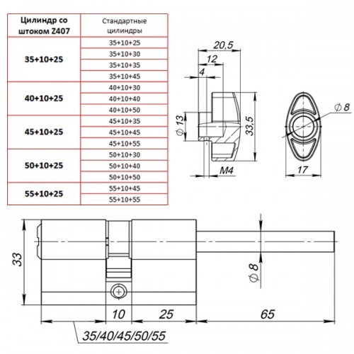 Цилиндровый Punto (Пунто) механизм (Z407/85) Z4007Tang85(50+10+25) со штоком CP хром