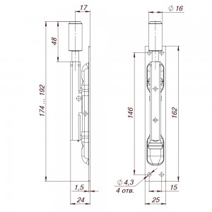 Задвижка Fuaro (Фуаро) торцевая RIGEL-set/160 D16x60mm (TDB set 160-24) в комплекте с ригелем