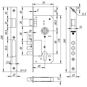 Корпус Fuaro (Фуаро) врезного замка с защёлкой DD900/C-45.85.3MR (900 3MR W/B) PB латунь