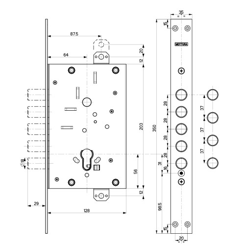 Корпус Mottura (Моттура) врезного замка 82.525W800B