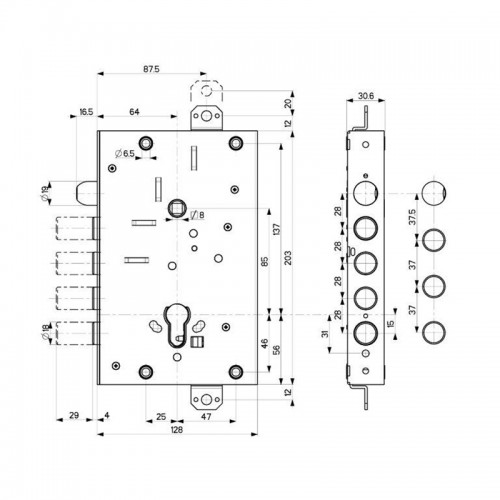 Корпус Mottura (Моттура) врезного замка с защёлкой 82.515W800B Универсальный
