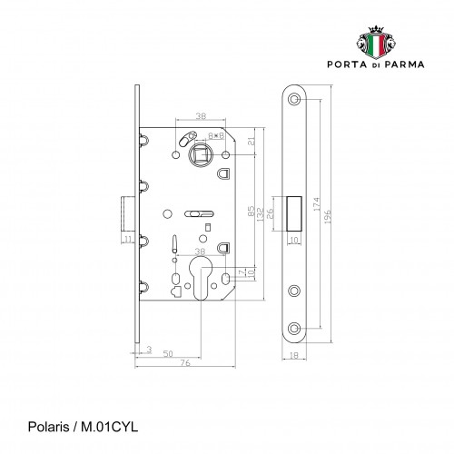 Замок врезной магнитный под цилиндр Porta Di Parma, Polaris M.02CYL.01, Полированный хром