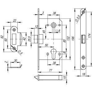 Корпус Fuaro (Фуаро) врезного замка c защёлкой PLASTP85C-50 (P85C-50) SG матовое золото